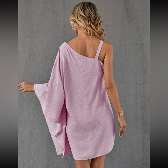 Boho chain strap one shoulder batwing sleeve  mini dress - Picture 3 of 5